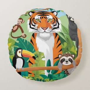 Coussins Ronds Enfants mignons Animaux Jungle Tigre Singe Oiseau