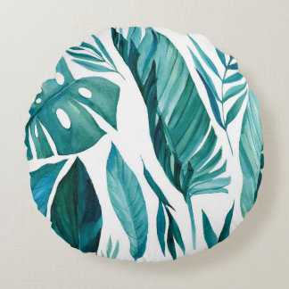Coussins Ronds Ensemble de feuilles abstraits de palmiers tropica