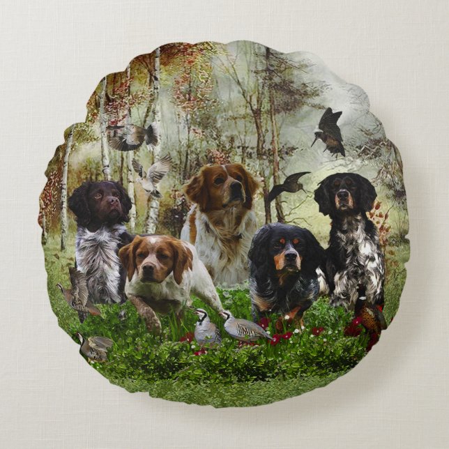 Coussins Ronds Épagneuls bretons, chasse aux oiseaux (Devant)