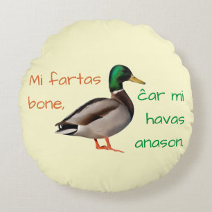Coussins Ronds Espéranto : Je vais bien, car j'ai un canard.