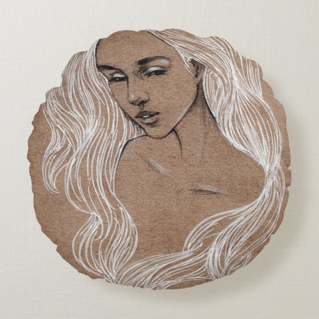Coussins Ronds Esquisse de portrait : Illustration de jeune fille (Devant)
