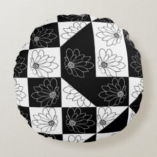 Coussins Ronds Esthétique florale à carreaux noir et blanc élégan