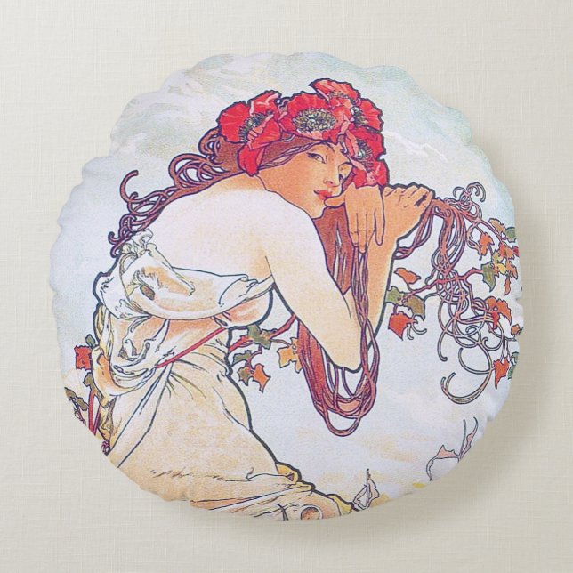 Coussins Ronds Été (Quatre Saisons), Oreiller Alphonse Mucha (Devant)