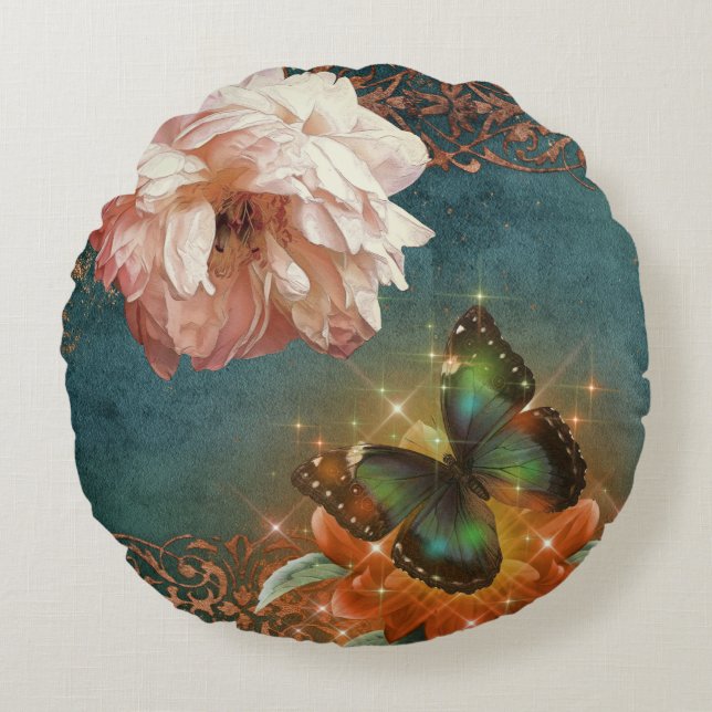Coussins Ronds Ethereal Butterly Bokeh et Peony Turquoise et Peac (Devant)