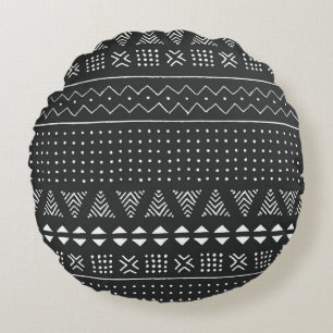 Coussins Ronds Ethnie tribale : motif noir blanc.