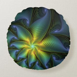 Coussins Ronds Etoile Abstraite, Bleu brillant Vert Or Fractal Ar