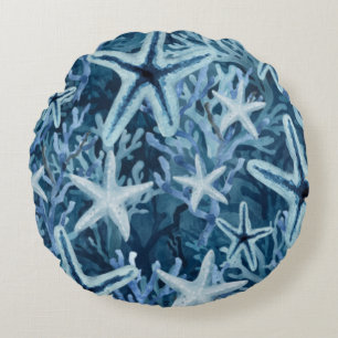 Coussins Ronds Étoile de mer corail bleu motif balnéaire