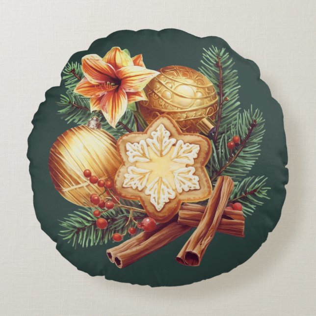 Coussins Ronds Étoile de Noël dorée à la cannelle (Devant)