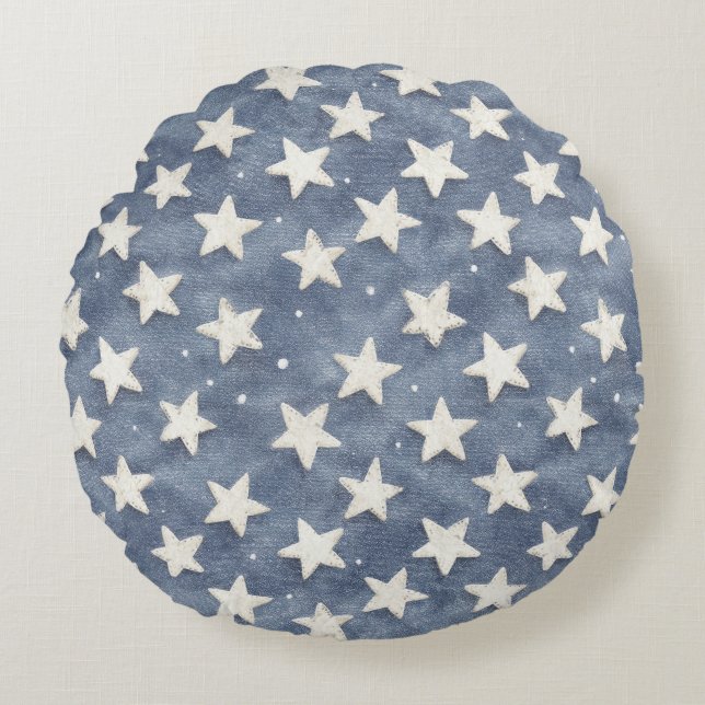 Coussins Ronds Étoiles Blanches Bleues Étincellent (Devant)