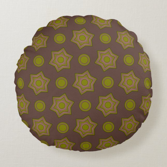 Coussins Ronds Étoiles et cercles en brun et vert (Devant)