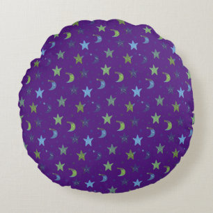 Coussins Ronds Étoiles et lunes de Whimsical sur violet