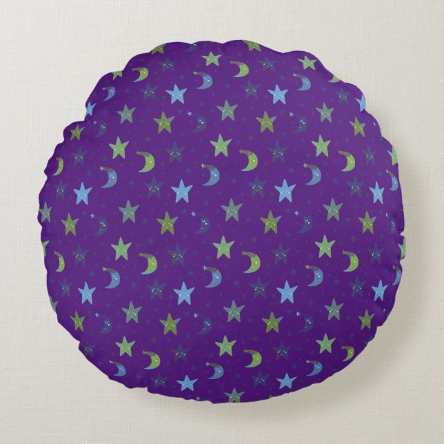 Coussins Ronds Étoiles et lunes de Whimsical sur violet (Devant)
