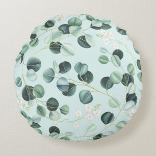 Coussins Ronds Eucalyptus Bliss : Motif d'aquarelle turquoise.