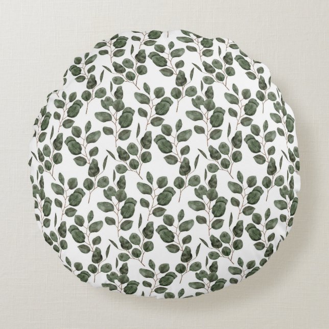 Coussins Ronds Eucalyptus Verdure Botanique Vert Blanc Tendance (Devant)