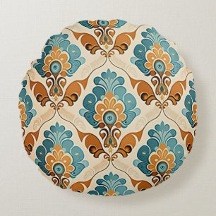 Coussins Ronds Éventails floraux sarcelle et ocre sur fond crème