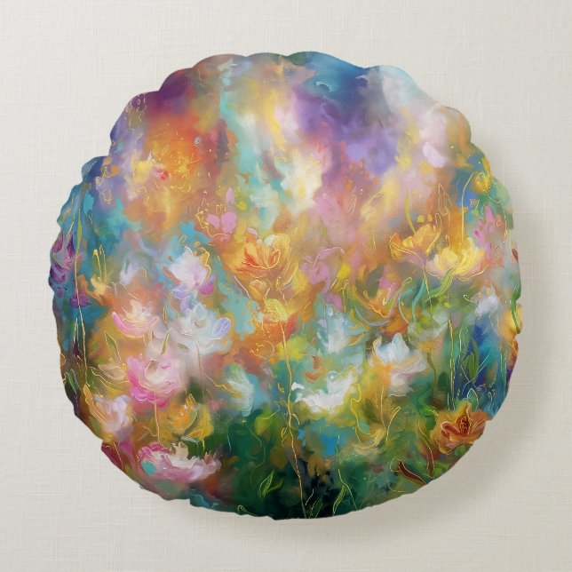 Coussins Ronds Explosion florale cosmique abstraite dans des coul (Devant)