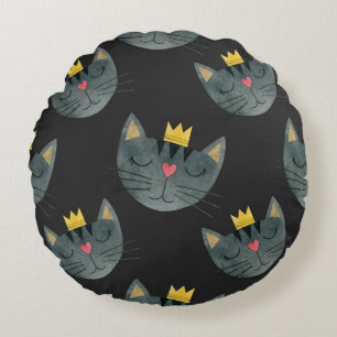 Coussins Ronds Face de chat aquarelle, noir sans soudure.