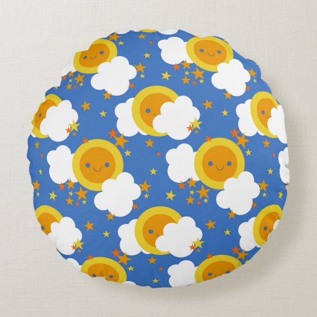 Coussins Ronds Falln Kawaii Moon, Étoiles, Soleil (Devant)