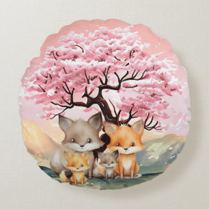 Coussins Ronds Famille de renard heureux profitant de la journée