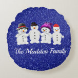 Coussins Ronds Family of Four Snowmen Blue Sparkle<br><div class="desc">Snowmen Family of Four Personalized design with name or short of your choice.  Personalize with your family name as shown or create your very own special message. Parfait pour l'hiver holiday season.</div>