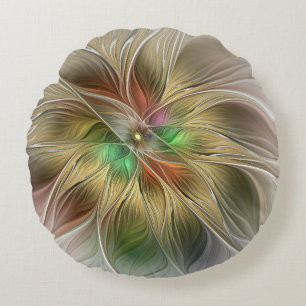 Coussins Ronds Fantaisie florale avec abstrait fractal moderne or