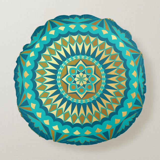 Coussins Ronds Fantaisie Mandala Bleu Or (Devant)