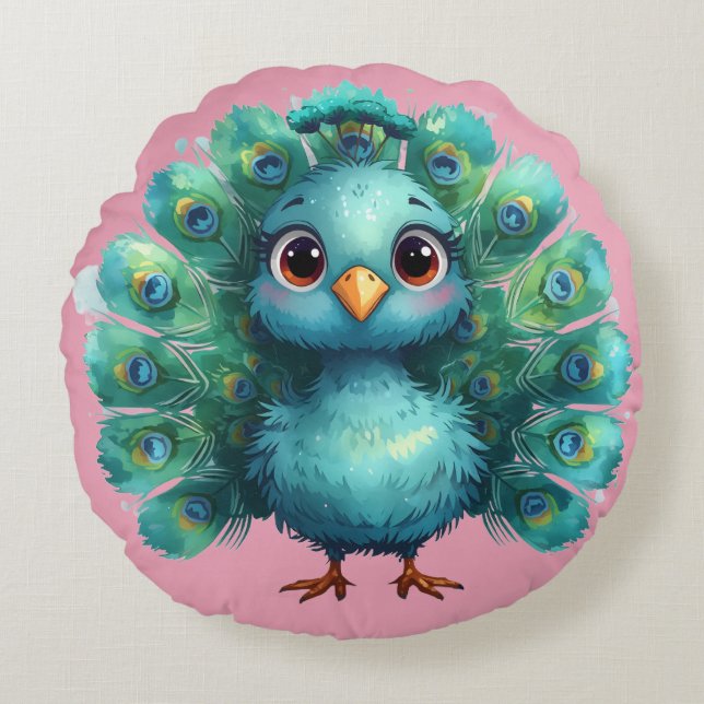 Coussins Ronds Fantaisie mignonne Paon bleu fantaisiste (Devant)
