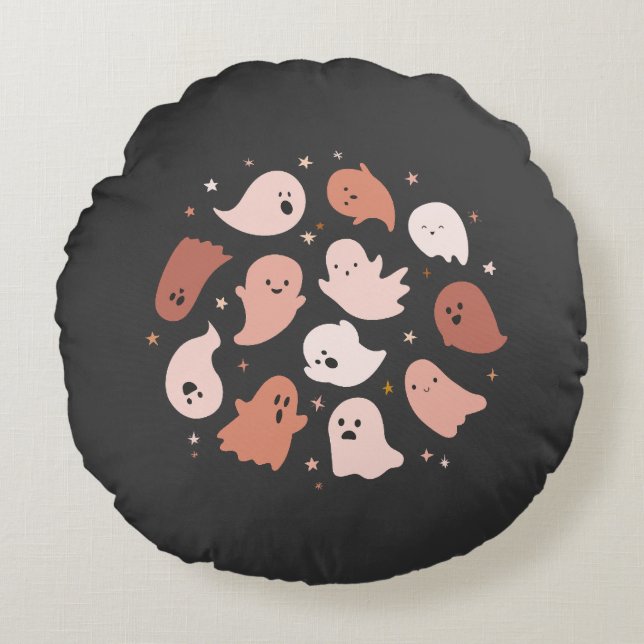 Coussins Ronds Fantôme de Halloween rose orange mignon (Devant)