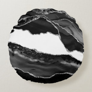 Coussins Ronds Fausse Agate Marbrée Noir Blanc Pierre Moderne Ten