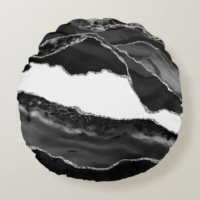 Coussins Ronds Fausse Agate Marbrée Noir Blanc Pierre Moderne Ten (Devant)