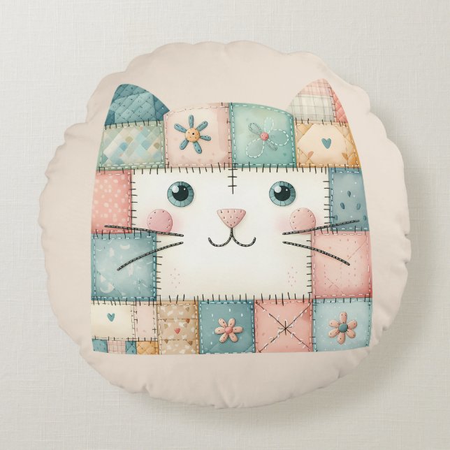 Coussins Ronds Fausse Maisonnette Pastel Patchwork Visage de Chat (Devant)