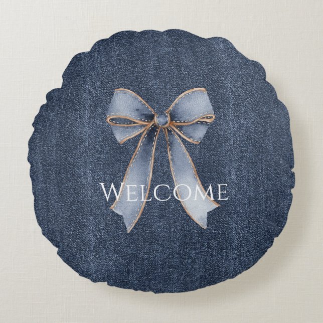 Coussins Ronds Faux Denim Blue Jean Bow (Devant)