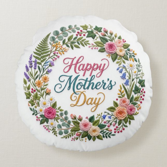 Coussins Ronds Faux Embroidery Floral Happy Mother's Day (Devant)