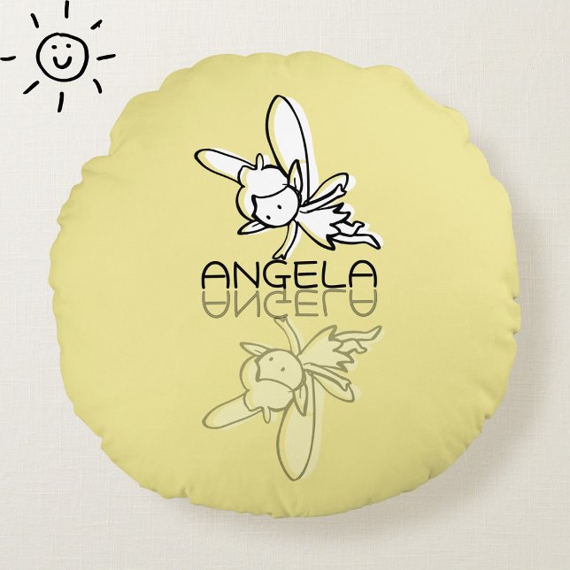 Coussins Ronds Fée jaune reflet Doodle Nom personnalisé  (Créateur téléchargé)