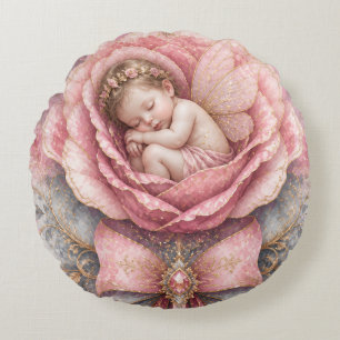 Coussins Ronds Félicitations Bébé Fée fille Rose Rose Naissance