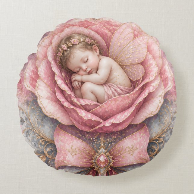 Coussins Ronds Félicitations Bébé Fée fille Rose Rose Naissance  (Devant)