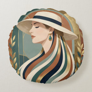 Coussins Ronds Femme avec chapeau de soleil art déco