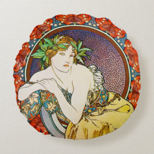 Coussins Ronds Femme avec coquelicot, Alphonse Mucha Jeu d'oreill