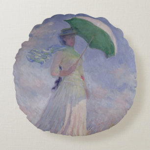 Coussins Ronds Femme de Claude Monet avec un parasol tourné à