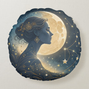 Coussins Ronds Femme Élégante sous la Lune et les Étoiles Dorées