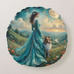 Coussins Ronds Femme en Robe Turquoise et Sable Rough Collie