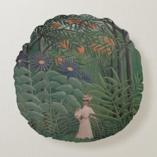 Coussins Ronds Femme marchant dans une forêt exotique, Henri Rous