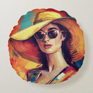 Coussins Ronds Femme Moderne Audacieuse en Chapeau Doré Portrait 
