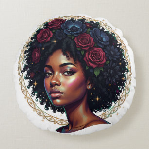 Coussins Ronds Femme Noire Fleur Afro