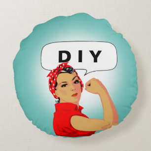 Coussins Ronds Femme Vintage Élégante & Texte DIY sur Sarcelle