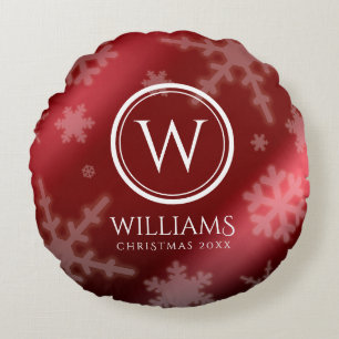 Coussins Ronds Festif Red Foil Snowflakes Nom du monogramme