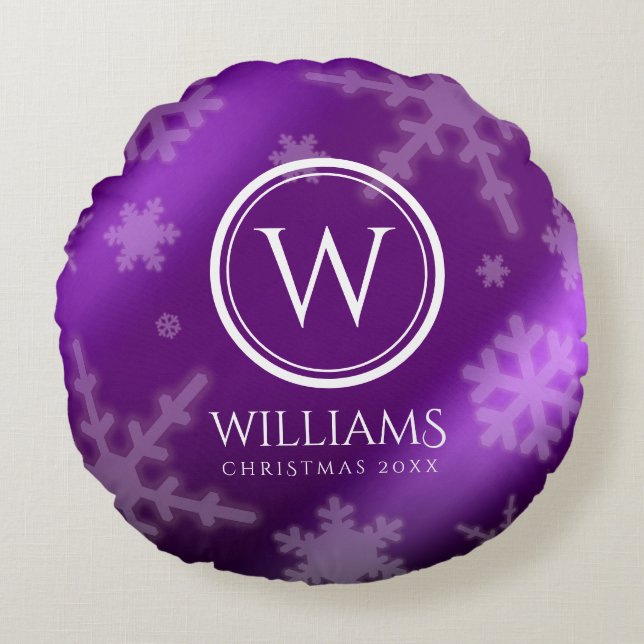 Coussins Ronds Festif Violet Foil Snowflakes Nom du monogramme (Devant)