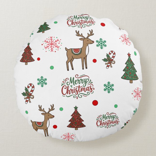 Coussins Ronds Festive Holiday Cartoon Reindeer Red Green Throw P (Devant)