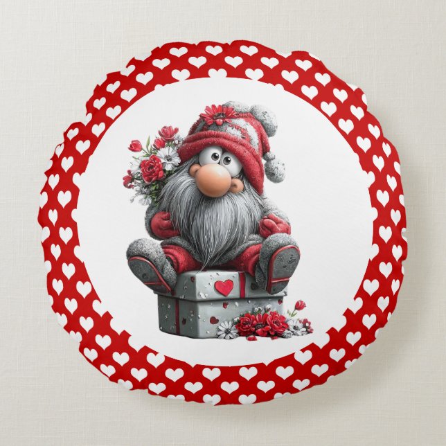 Coussins Ronds Festive Love Messenger Gnome "Heart and Presents"  (Devant)