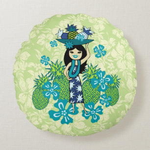 Coussins Ronds Fête au ananas Luau Hawaïenne Fille de Hula Révers